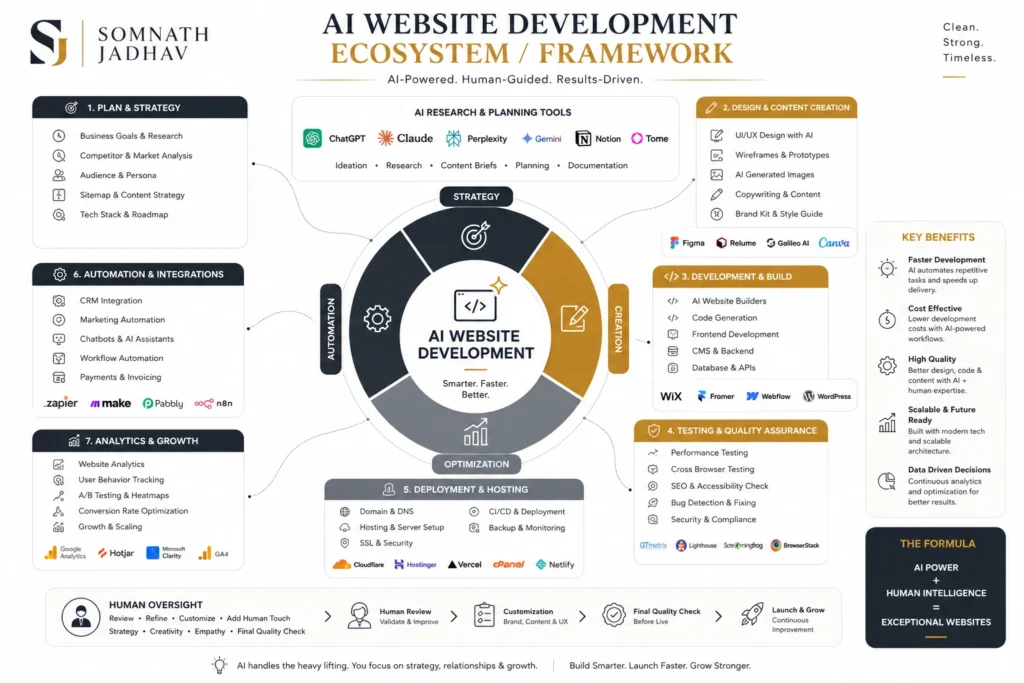 AI Website Development in 2026 : A Complete Guide to AI Website Builders, Benefits, Risks & Business Use Cases 1 AI Website Development Workflow -Framework