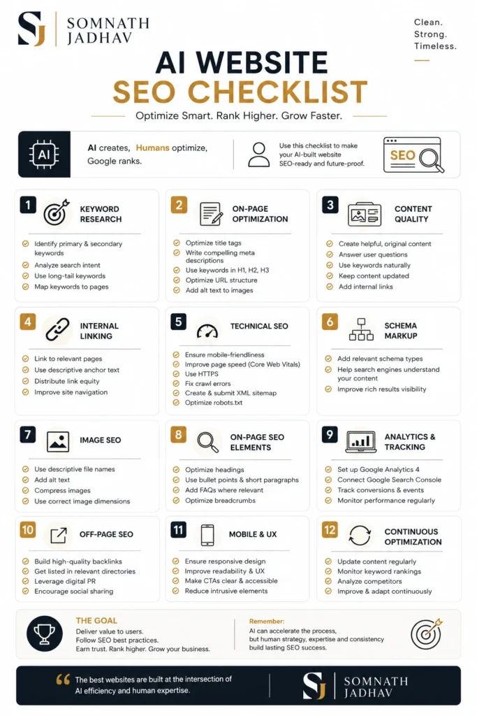 AI Website Development in 2026 : A Complete Guide to AI Website Builders, Benefits, Risks & Business Use Cases 3 AI website checklist