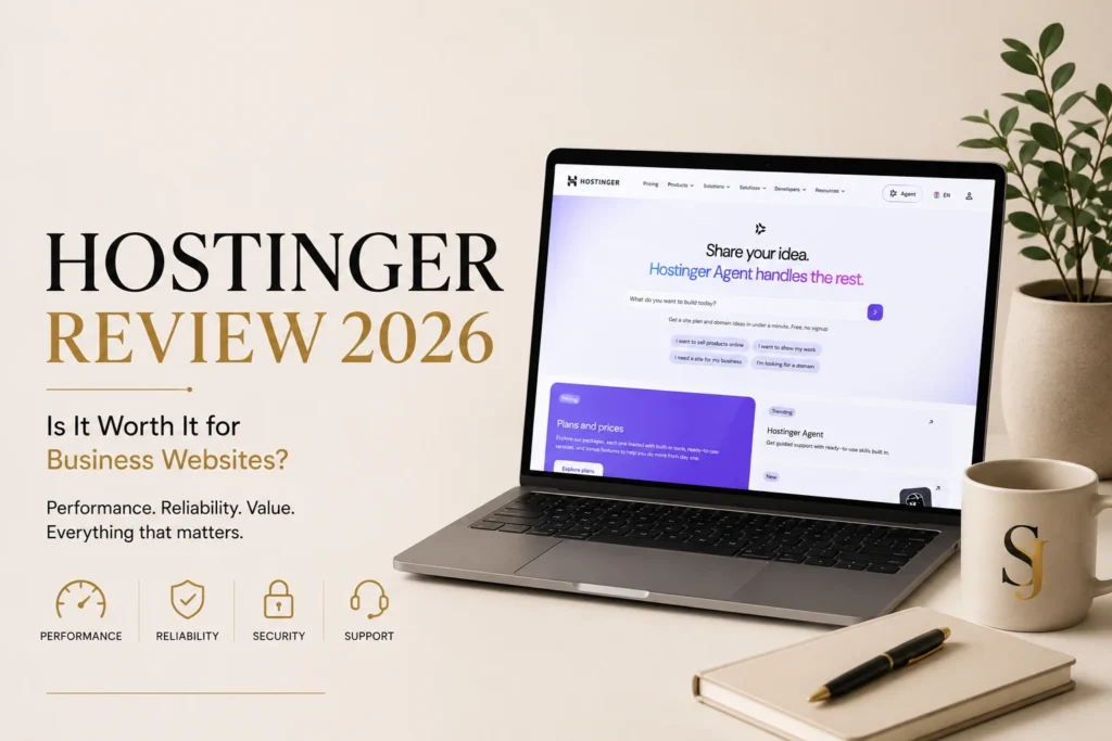 Hostinger review for business websites showing its hosting platform on a laptop